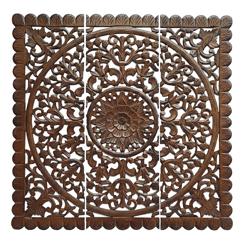 Benzara Josa Mandala Floral Carving Wood Panel in Brown Finish (3 Piece)
