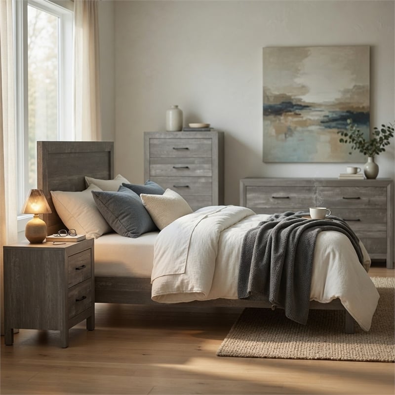King Bedroom Set- Gray- 5 Piece Set with 2 Nightstands- Dresser- and Chest