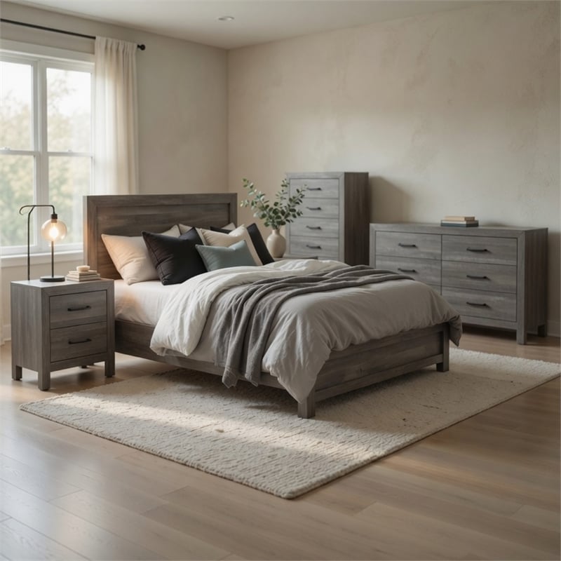 King Bedroom Set- Gray- 5 Piece Set with 2 Nightstands- Dresser- and Chest
