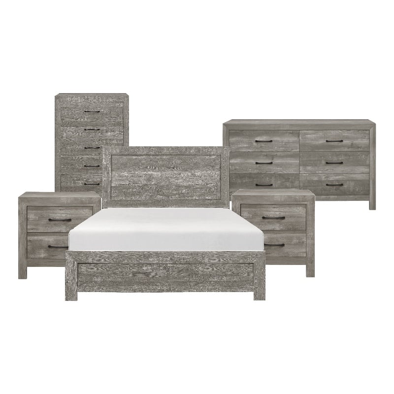 King Bedroom Set- Gray- 5 Piece Set with 2 Nightstands- Dresser- and Chest