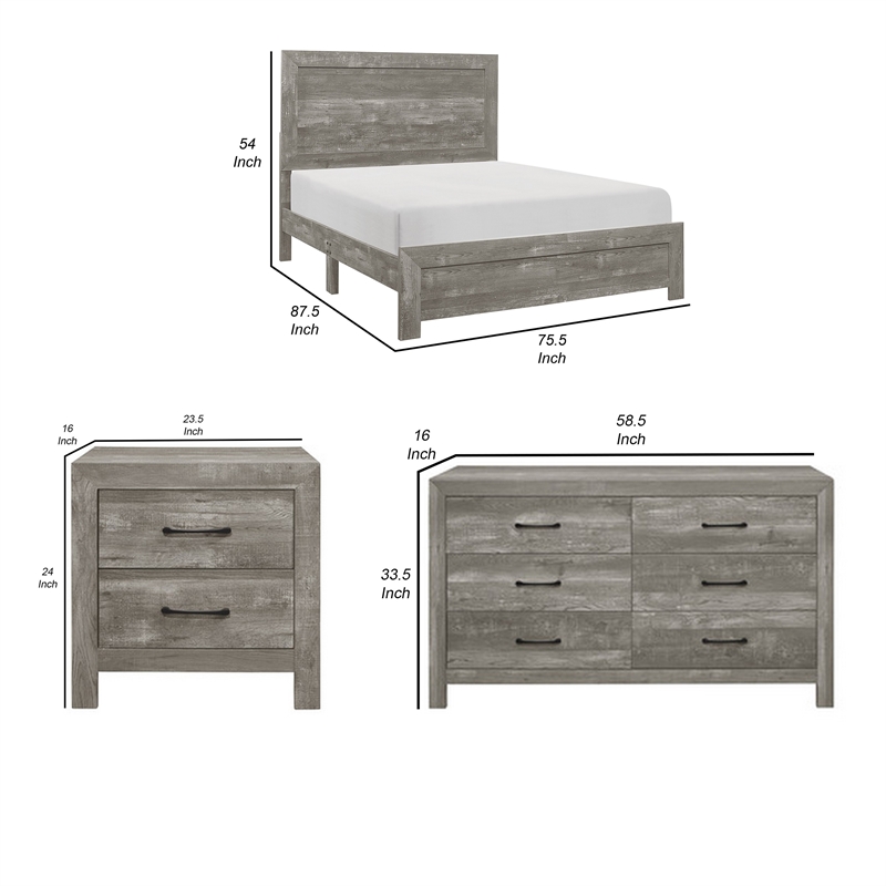 King Bedroom Set- Gray- 4 Piece Set with 2 Nightstands and Dresser