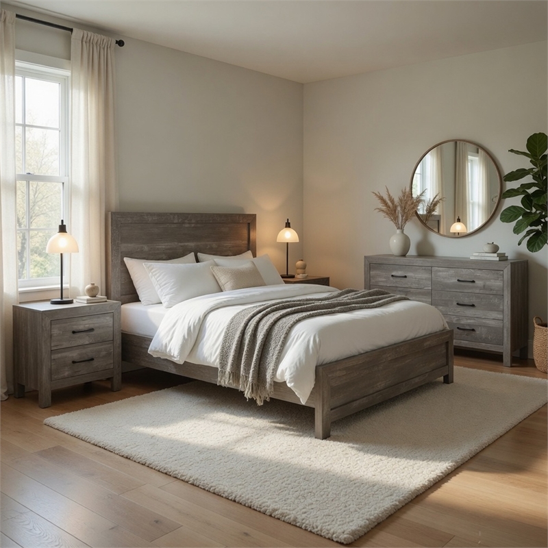 King Bedroom Set- Gray- 4 Piece Set with 2 Nightstands and Dresser
