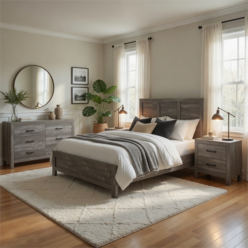 King Bedroom Set- Gray- 4 Piece Set with 2 Nightstands and Dresser