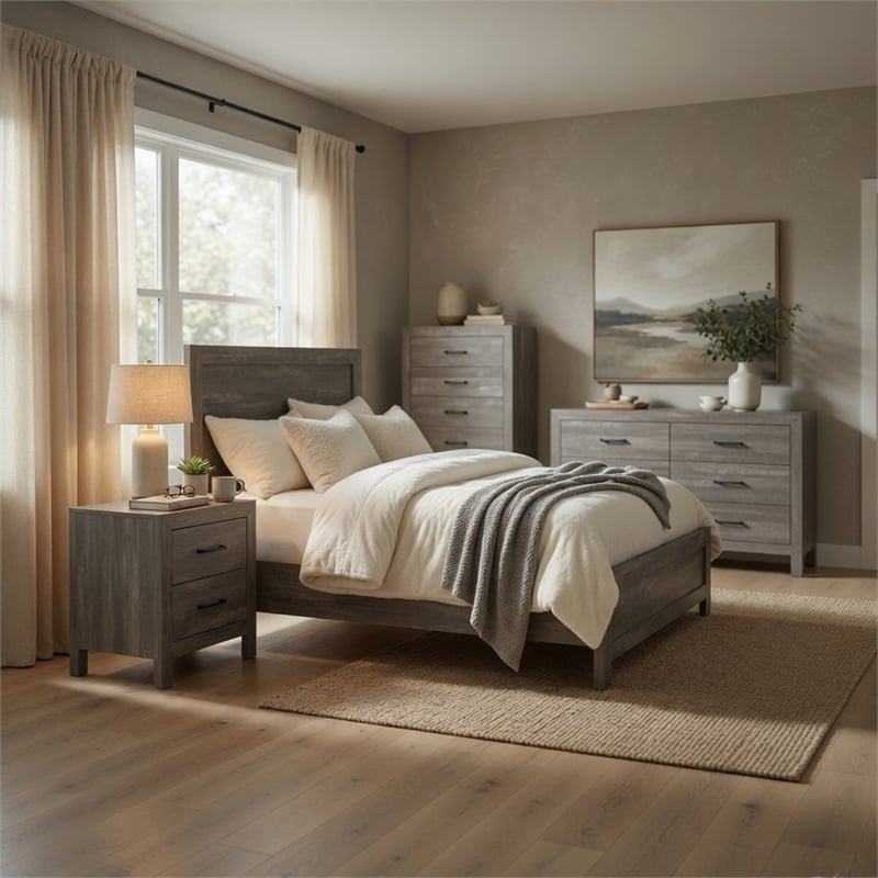 King Bedroom Set- Gray- 5 Piece Set with 2 Nightstands- Dresser- and Chest