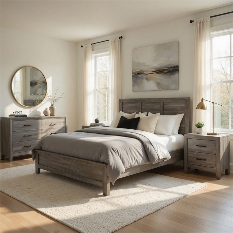 King Bedroom Set-Gray- 4 Piece Set with 2 Nightstands and Dresser