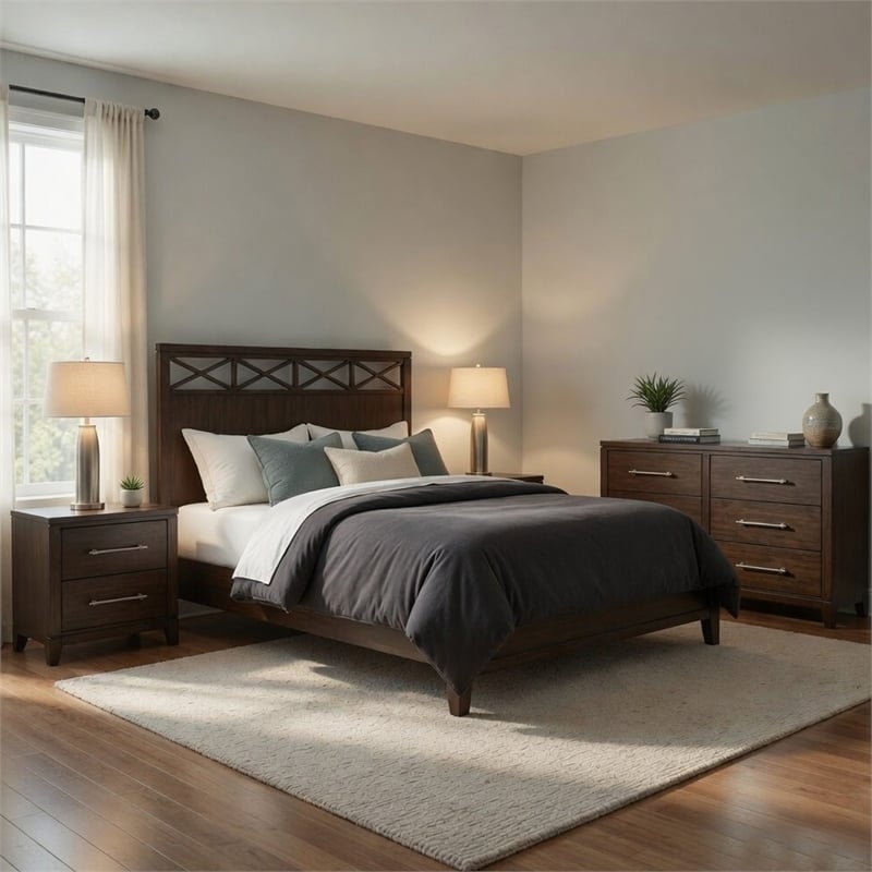 Queen Bedroom Set-Brown- 4 Piece Set w 2 Nightstands and Dresser