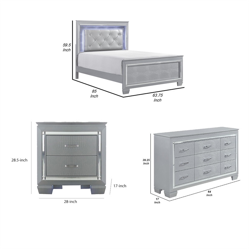 Queen Bedroom Set-Gray- 4 Piece Set with 2 Nightstands and Dresser