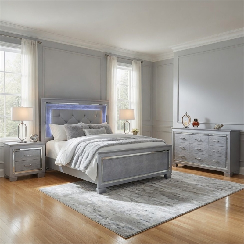 Queen Bedroom Set-Gray- 4 Piece Set with 2 Nightstands and Dresser