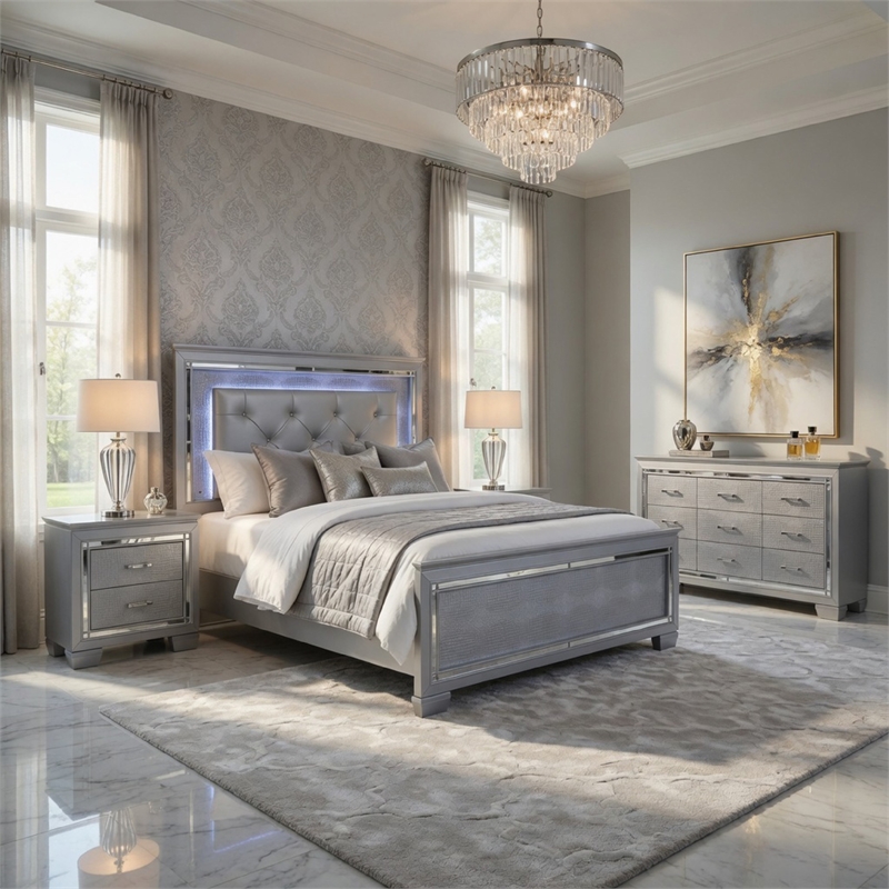 Queen Bedroom Set-Gray- 4 Piece Set with 2 Nightstands and Dresser