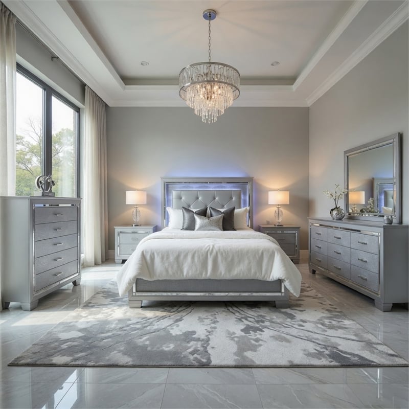 Queen Bedroom Set- Gray- 5 Piece Set with 2 Nightstands- Dresser- and Chest