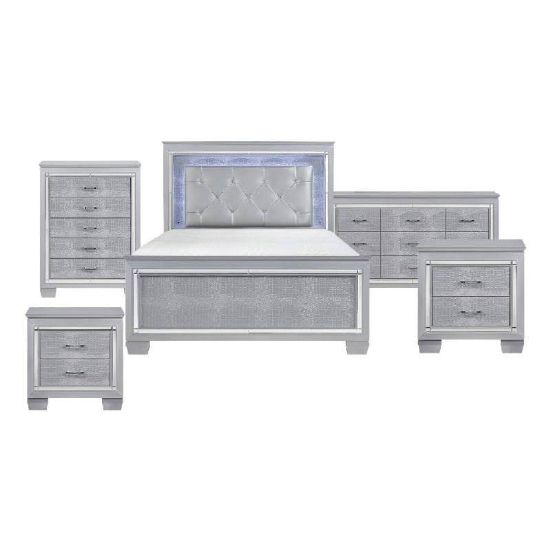 Queen Bedroom Set- Gray- 5 Piece Set with 2 Nightstands- Dresser- and Chest