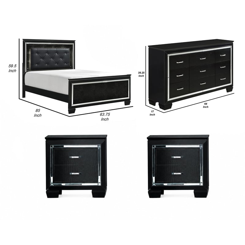 Queen Bedroom Set- Black- 4 Piece Set with 2 Nightstands and Dresser