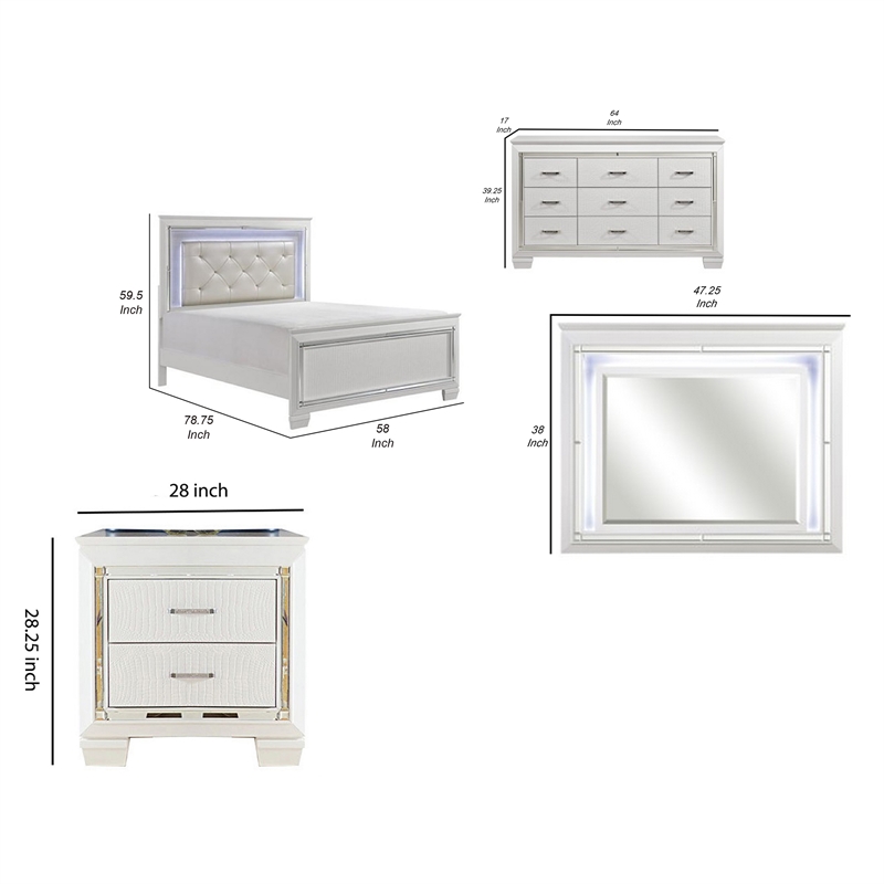 Full Bedroom Set- White- 4 Piece Set with Nightstand- Dresser- and Mirror