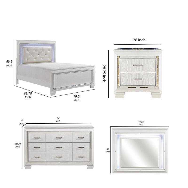 Queen Bedroom Set- White- 5 Piece Set with 2 Nightstands- Dresser- Mirror