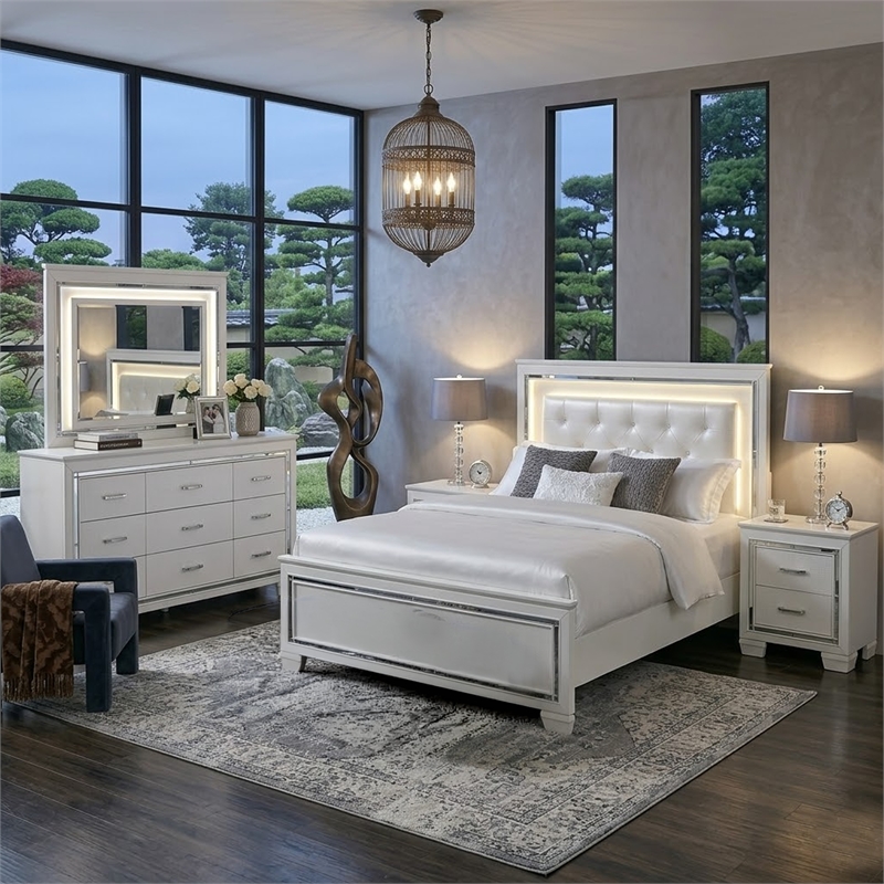 Queen Bedroom Set- White- 5 Piece Set with 2 Nightstands- Dresser- Mirror