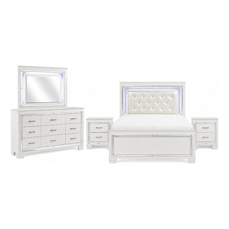 Queen Bedroom Set- White- 5 Piece Set with 2 Nightstands- Dresser- Mirror