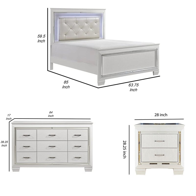 Queen Bedroom Set- White- 4 Piece Set with 2 Nightstands and Dresser