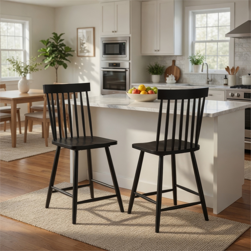 Andy Counter Height Chair Set of 2- Windsor Spindle Back- Black Wood