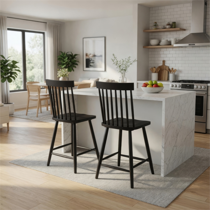 Andy Counter Height Chair Set of 2- Windsor Spindle Back- Black Wood