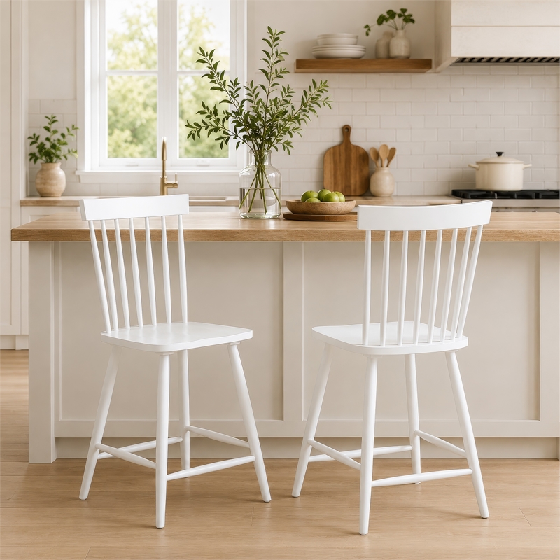 Andy Counter Height Chair Set of 2- Windsor Spindle Back- White Wood