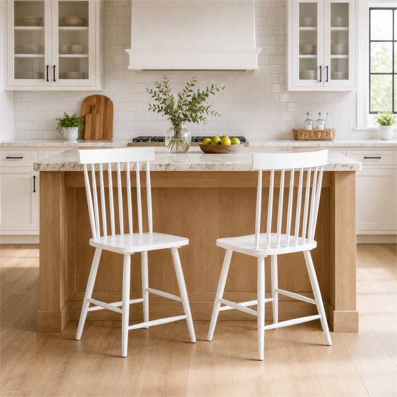 Andy Counter Height Chair Set of 2- Windsor Spindle Back- White Wood