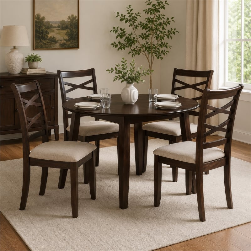 Baron 5pc Round Dining Table Set with 4 Chairs- 2 Drop Leaves- Brown