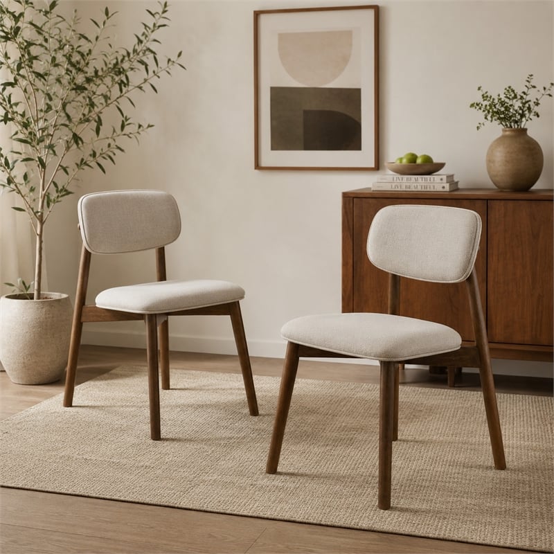 Alni Side Dining Chair Set of 2- Beige Polyester Cushions- Walnut Brown