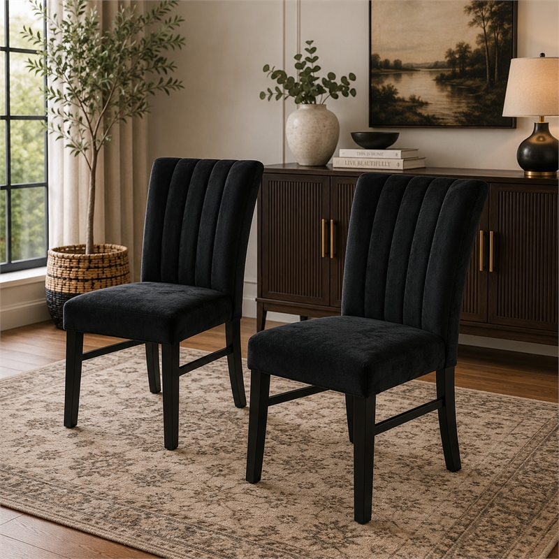 Sely Side Dining Chair Set of 2- Foam Fill Seat and Channeled Back- Black