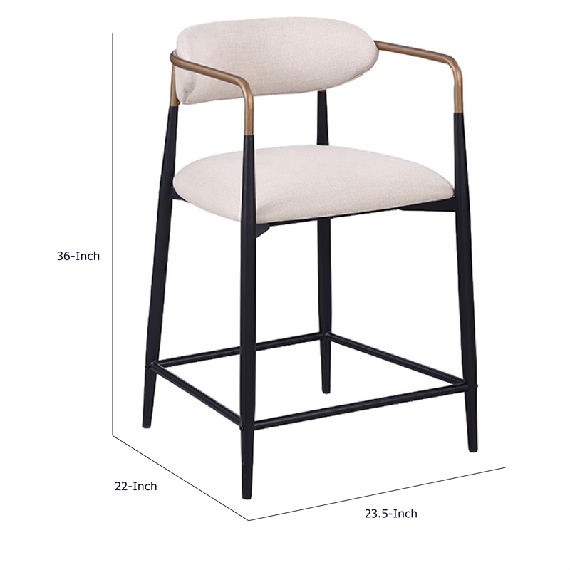 Nath Counter Height Chair Set of 2- Gold Metal Arms- White Cushions- Black