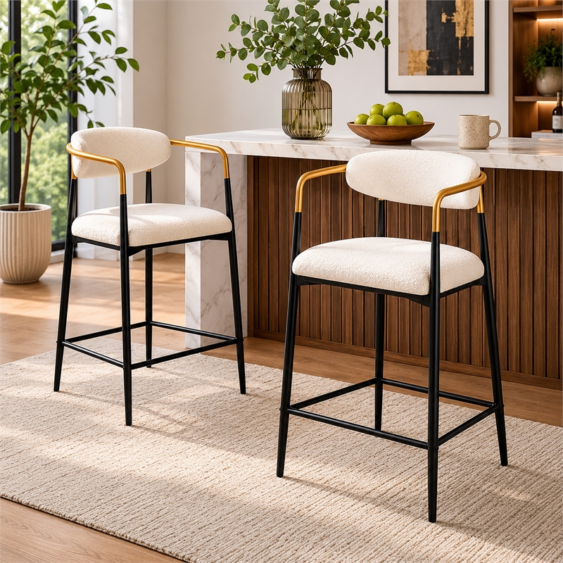Nath Counter Height Chair Set of 2- Gold Metal Arms- White Cushions- Black