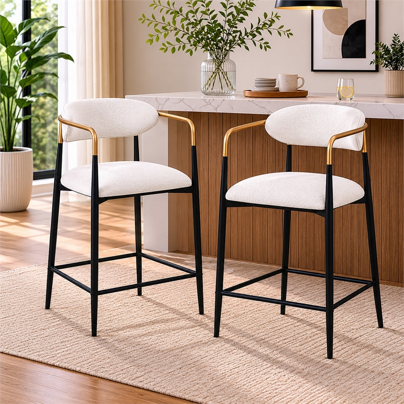 Nath Counter Height Chair Set of 2- Gold Metal Arms- White Cushions- Black