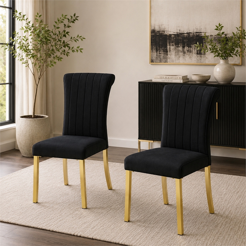 Hols Parson Dining Side Chair Set of 2- Channeled Black Fabric- Gold Steel