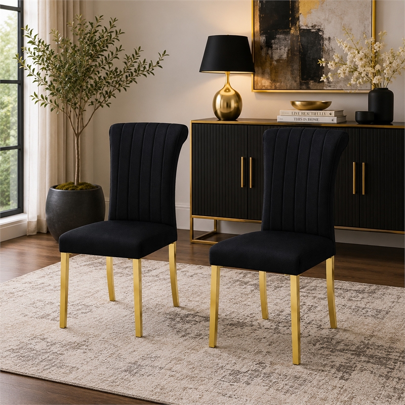 Hols Parson Dining Side Chair Set of 2- Channeled Black Fabric- Gold Steel