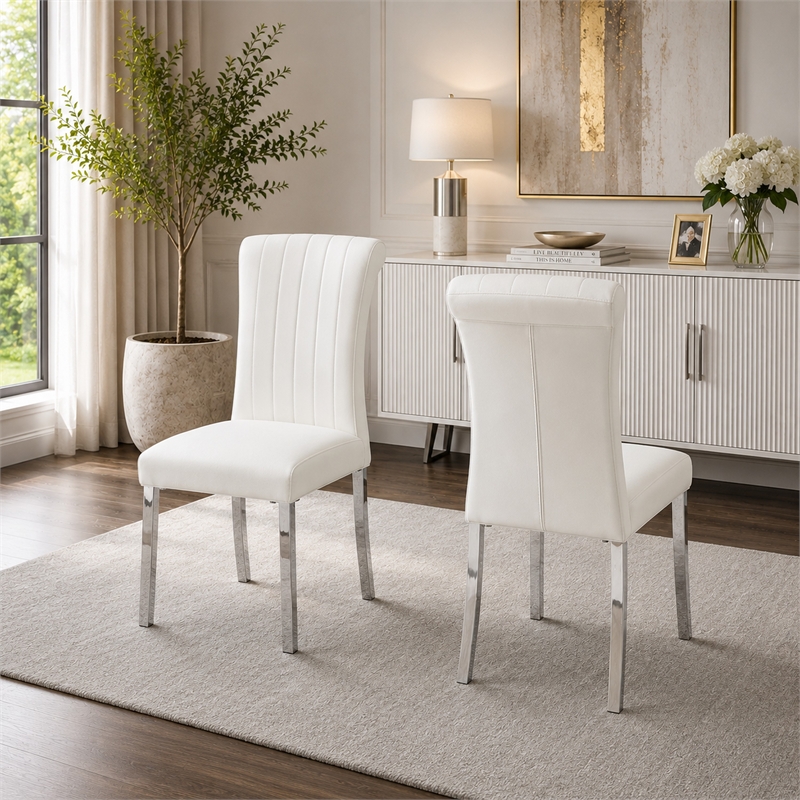 Hols Parson Dining Side Chair Set of 2- White Fabric- Silver Steel