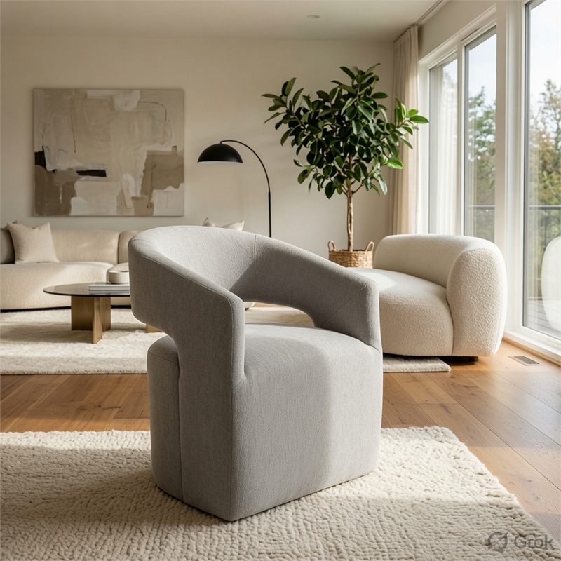 Esha Accent Barrel Chair w Casters- Foam Fill Light Gray Upholstery