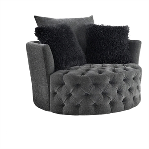 Sofia Swivel Accent Round Chair- Faux Fur Pillows- Dark Gray Tufted Fabric