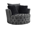 Sofia Swivel Accent Round Chair- Faux Fur Pillows- Dark Gray Tufted Fabric