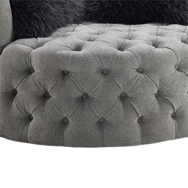 Sofia Swivel Accent Chair- Faux Fur Pillows- Light Gray Tufted Fabric