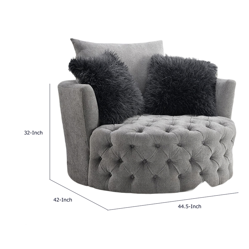 Sofia Swivel Accent Chair- Faux Fur Pillows- Light Gray Tufted Fabric