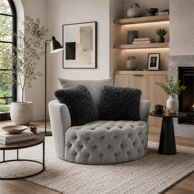 Sofia Swivel Accent Chair- Faux Fur Pillows- Light Gray Tufted Fabric