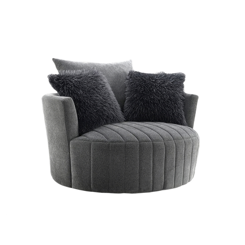 Hedy Swivel Accent Chair- Faux Fur Pillows- Dark Gray Channeled Fabric
