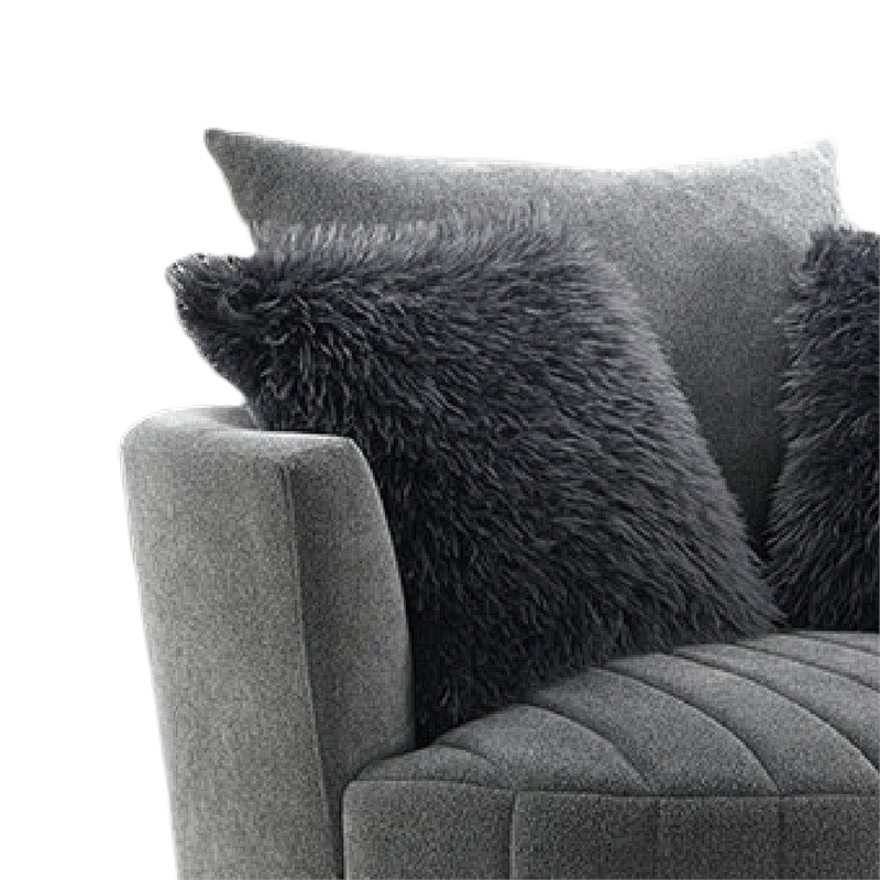 Hedy Swivel Accent Chair- Faux Fur Pillows- Dark Gray Channeled Fabric