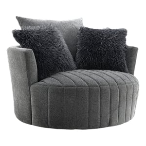 Hedy Swivel Accent Chair- Faux Fur Pillows- Dark Gray Channeled Fabric