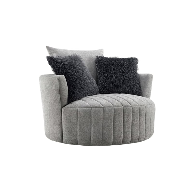 Hedy Swivel Accent Chair- Faux Fur Pillow- Light Gray Channeled Fabric