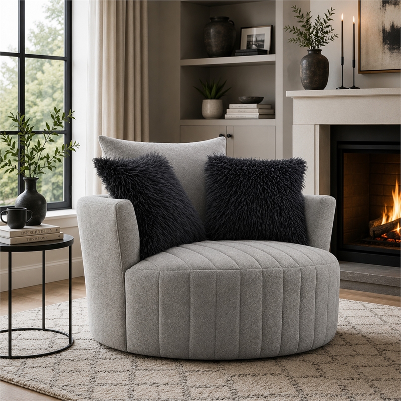 Hedy Swivel Accent Chair- Faux Fur Pillow- Light Gray Channeled Fabric