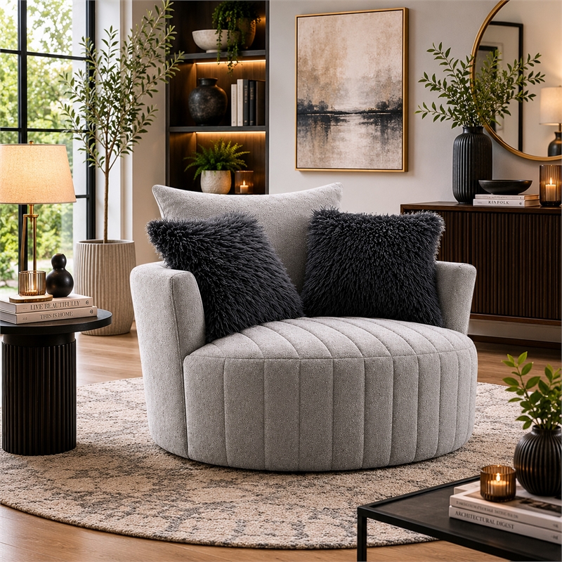 Hedy Swivel Accent Chair- Faux Fur Pillow- Light Gray Channeled Fabric