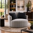 Hedy Swivel Accent Chair- Faux Fur Pillow- Light Gray Channeled Fabric