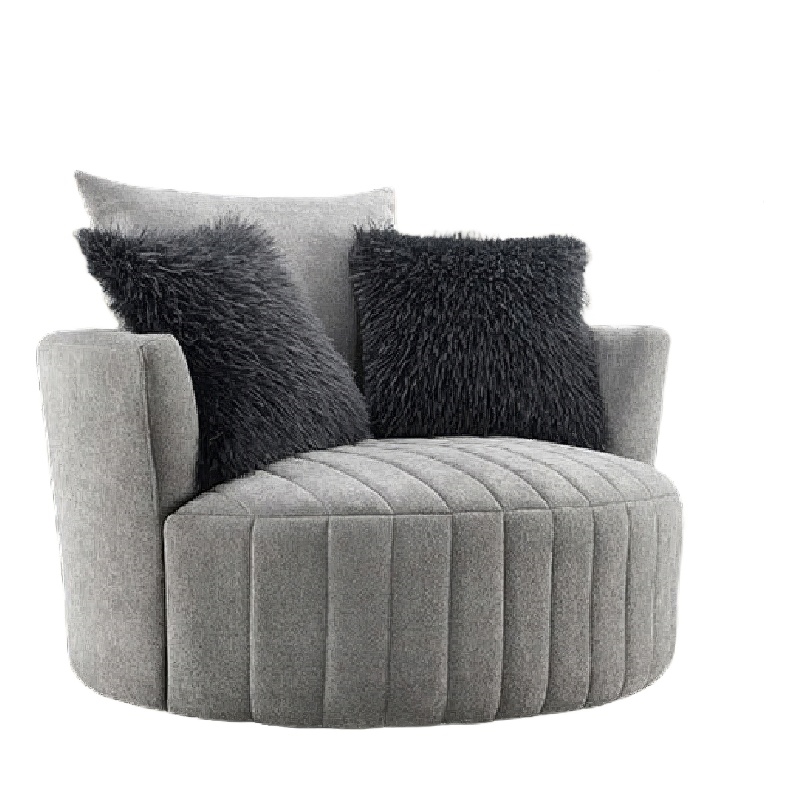 Hedy Swivel Accent Chair- Faux Fur Pillow- Light Gray Channeled Fabric