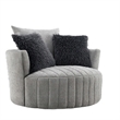 Hedy Swivel Accent Chair- Faux Fur Pillow- Light Gray Channeled Fabric