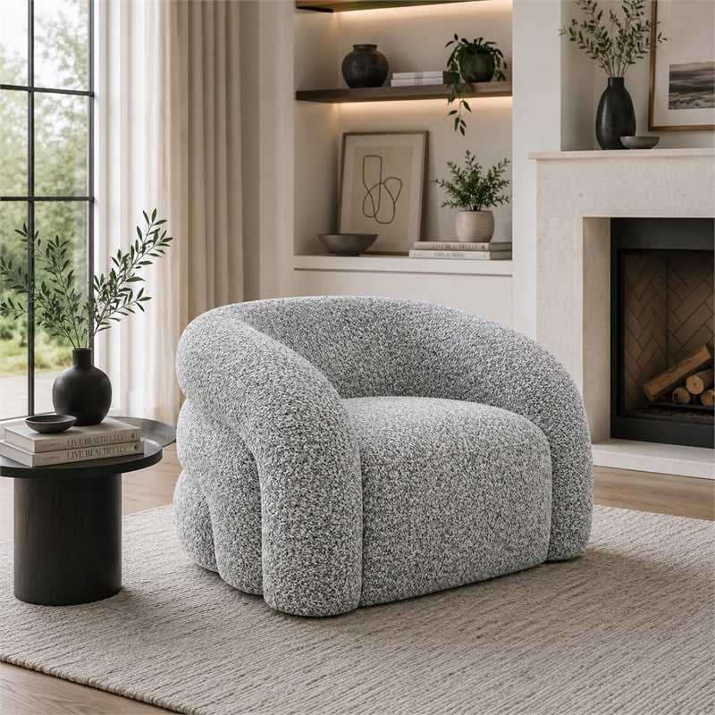Savio Swivel Accent Chair- Sculpted Curved Design- Gray Boucle Fabric